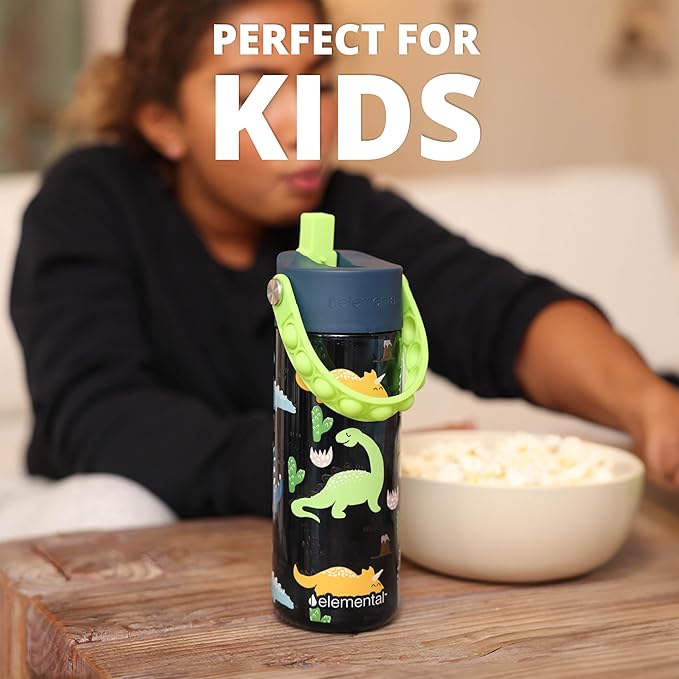 Elemental Leak Proof Water Bottles for Kids - Splash Kids Water Bottle for School with Fun Fidget Pop-it Handle - Tritan Plastic Water Bottle with Straw - Dinosaur & Green - 18oz (2 Pack)