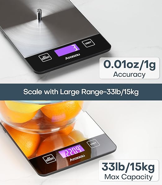 Atogou Food Scale, 33lb Rechargeable Kitchen Scale with Full-View Backlit LCD Display, Waterproof Stainless Steel Surface, Type-C Charging, Grams and Ounces for Baking, Cooking, Food Black