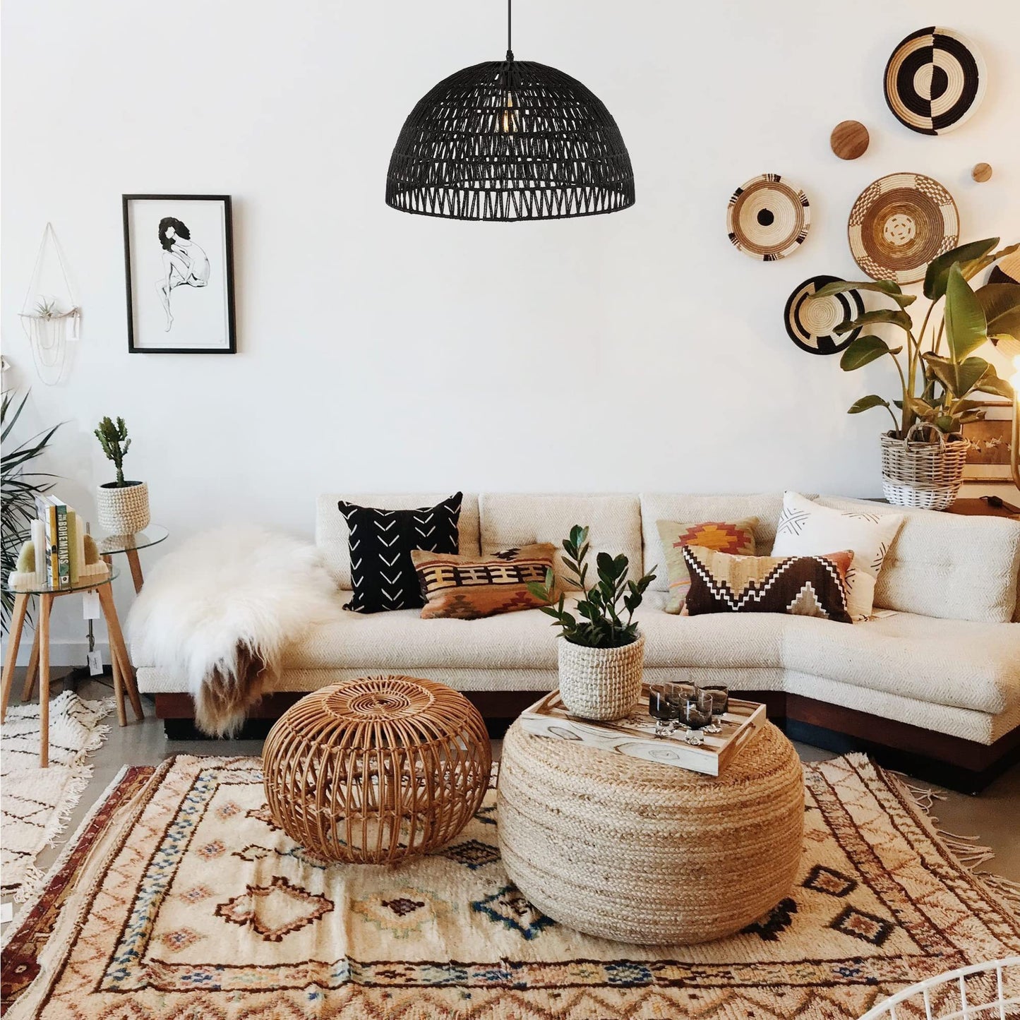 Jonathan Y Campana 20 1-Light Led Pendant, Black Woven Rattan/Iron For Dining Room, Kitchen, Living Room - Model Jyl6504C