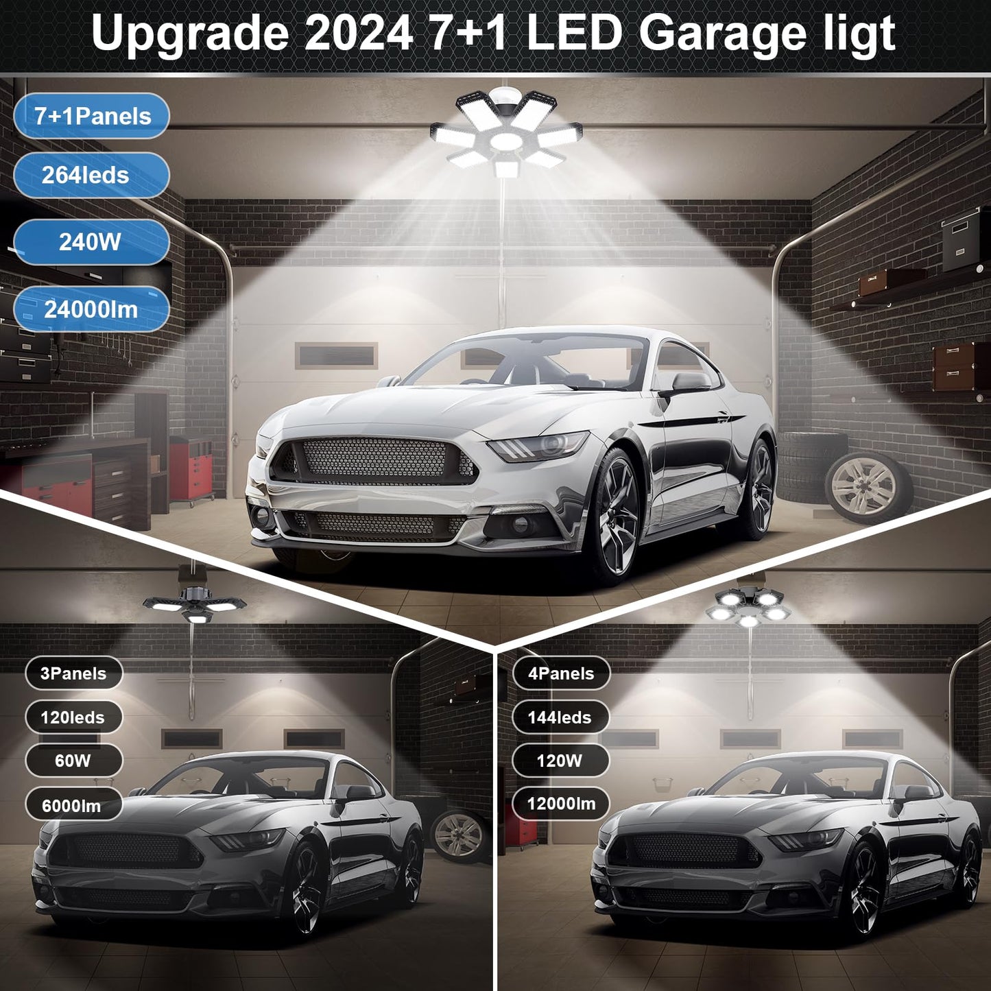 AUDLES 6 Pack LED Garage Light, 240W, 24000LM, 6500K, Deformable Panels, E26/E27 Socket, Cool White