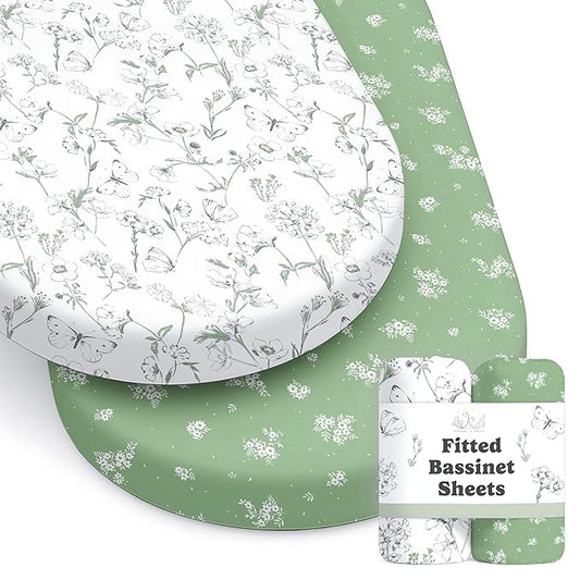 Baby Bassinet Sheets Girl (Butterfly Garden) 2-Pack - Fitted Bedside Bassinet Sheets - Buttery Soft Cotton Blend for Standard Mattress Pad - Compatible with Halo BassiNest