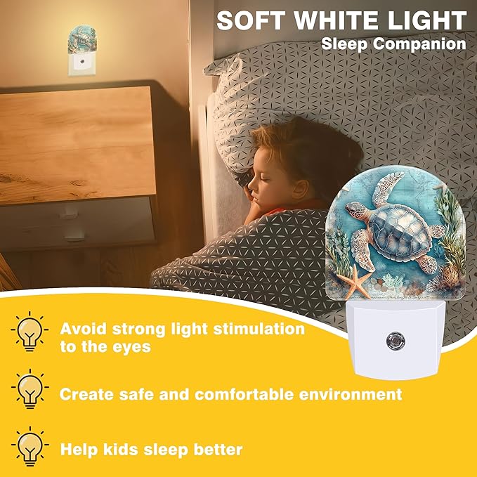 Starfish World Map Night Lights Plug into Wall Sea Turtle Night Light Dusk to Dawn Smart Sensor Decorative Round Led Lamp for Bedroom Kitchen Hallway Nightlight for Women Men