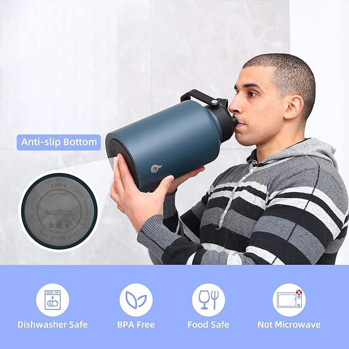BJPKPK 64 oz Insulated Water Bottle, Dishwasher Safe Half Gallon Water Bottle with Ergonomic Handle, BPA Free Leak Proof Water Jug for Sports, Metal Jug with Anti-slip Bottom, Army Green