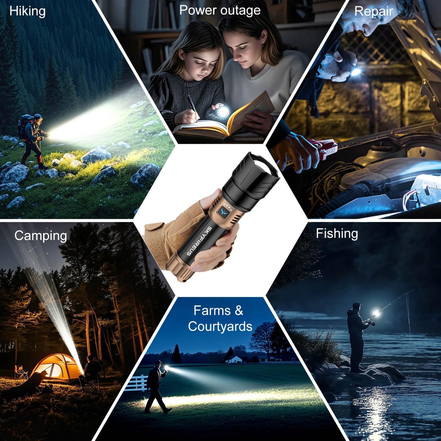 Skyfire Rechargeable Flashlight High Lumens Led Flashlight With 8000Mah Zoomable Four Modes Waterproof Bright Flash Light For Camping Essentials Outdoor Home-No Lens