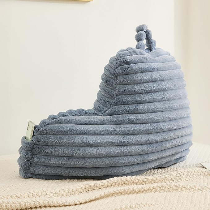 Faux Fur Fluffy Dusty Blue Reading Pillow with Pockets, Luxury Striped Plush Decorative, Arm Rests and Back Surport for Bed Rest, Lounging on sofa, Standard