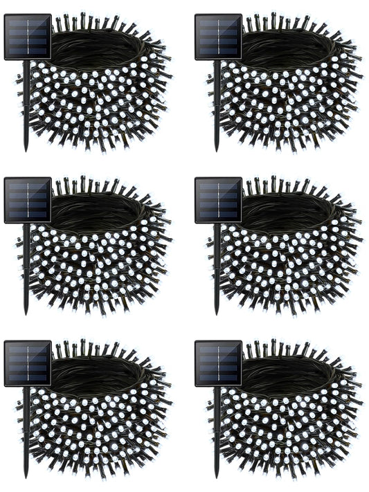 6 Pack Christmas Solar String Lights Outdoor Waterproof  198Ft 600 Led Green Wire Solar Fairy Lights With 8 Modes  Solar Twinkle Lights For Garden Tree Patio Fence Christmas Decorations (Cool White)