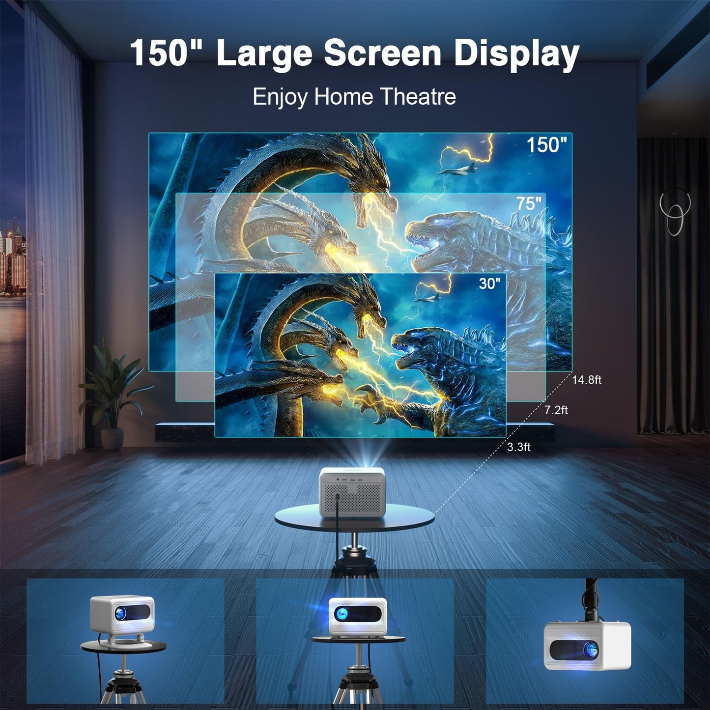 AuKing Projector,2025 Upgraded Projector with Wifi and Bluetooth, ±50° Vertical Keystone, FHD 1080P Movie Projector Compatible with HDMI/USB/AV/Smartphone/TV Box/Laptop
