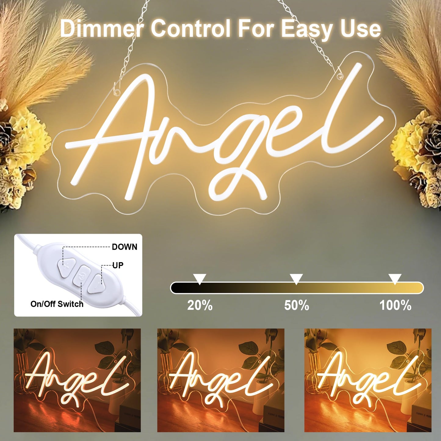 JIURUIFFC Angel Neon Sign, Warm White, Dimmable USB Powered Wall Decor, 16.5 x 7.8 inches, for Kids Room, Birthday, Wedding Party