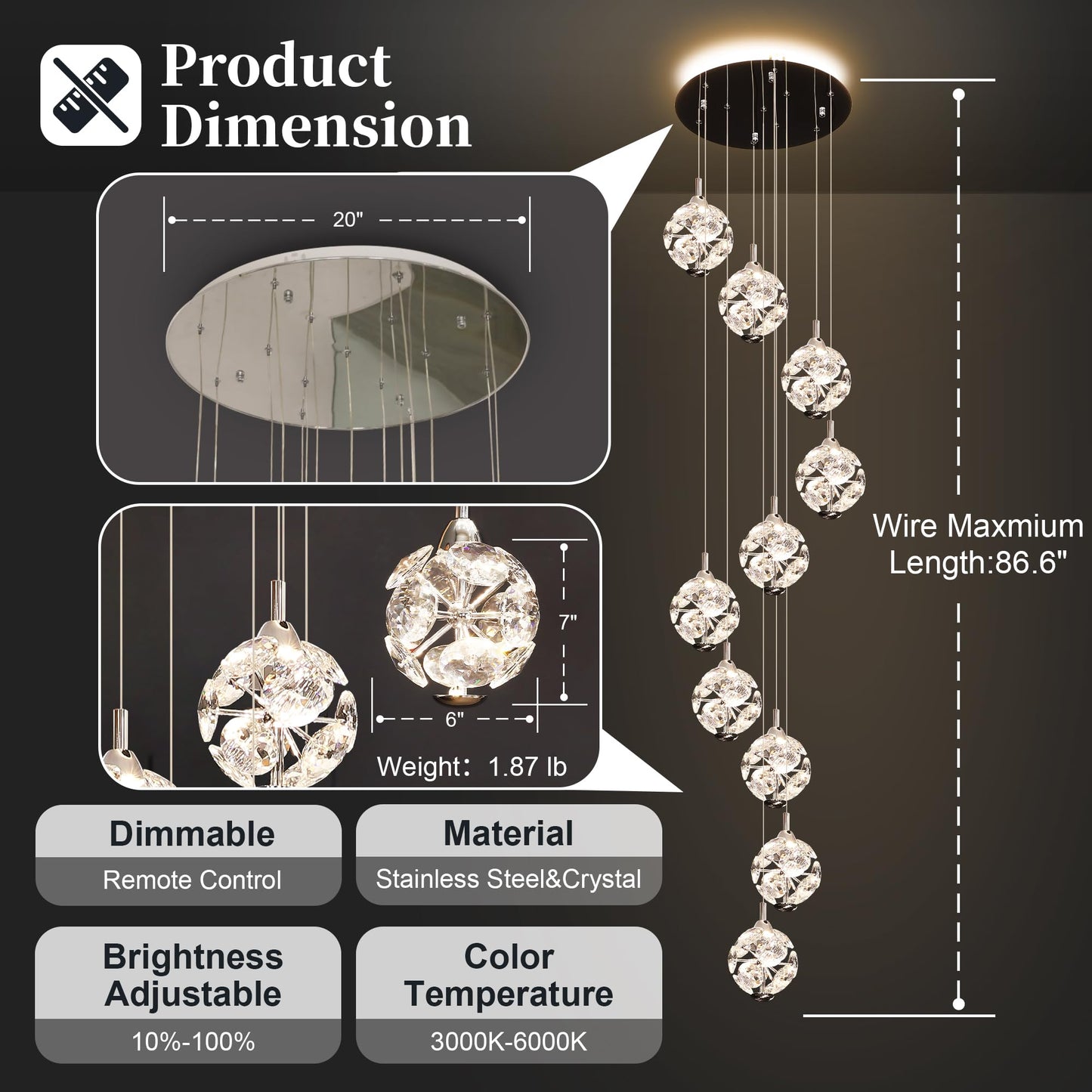 Kaucqi 10-Light High Ceilings Long Chandeliers Modern Crystal Staircase Chandelier Hanging Flush Mount Lighting Fixtures Long Raindrop Hanging Chandeliers For Staircase Foyer Entryway