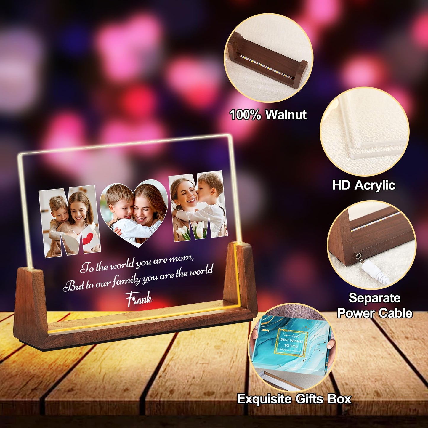 Maiwell Personalized Mothers Day Unique Gifts For Mom Wife  Mom Gifts From Daughter Son Husband  Custom Acrylic Night Light Picture Frame With Photo Name  Customized Moms Birthday Christmas Gift