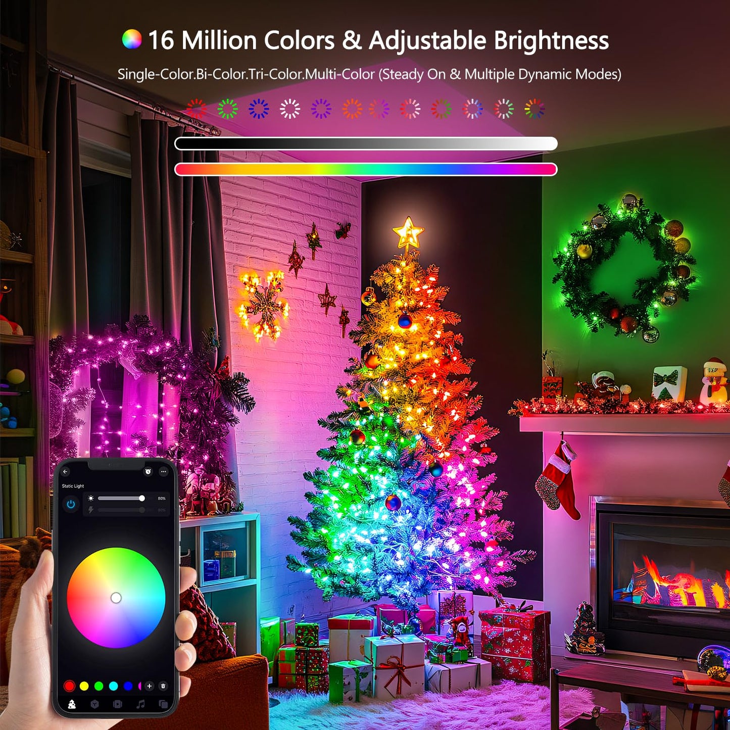 JMEXSUSS LED RGB Christmas Tree Lights, 33ft Smart Color Changing, Indoor/Outdoor with Remote & APP, Clear Wire, Model EXS-S-0100