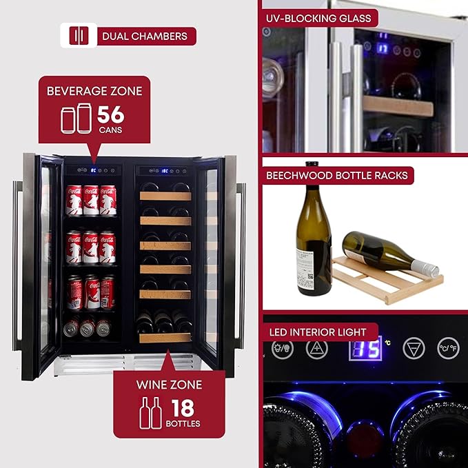 Koolatron Wine Fridge - Under Counter Wine Cooler, 18 Bottle & 56 Beverage Can Chiller, Built in Cabinet for Champagne, White & Redwines, Bar, Dual Zone Cellar, Stainless Steel Made In Canada