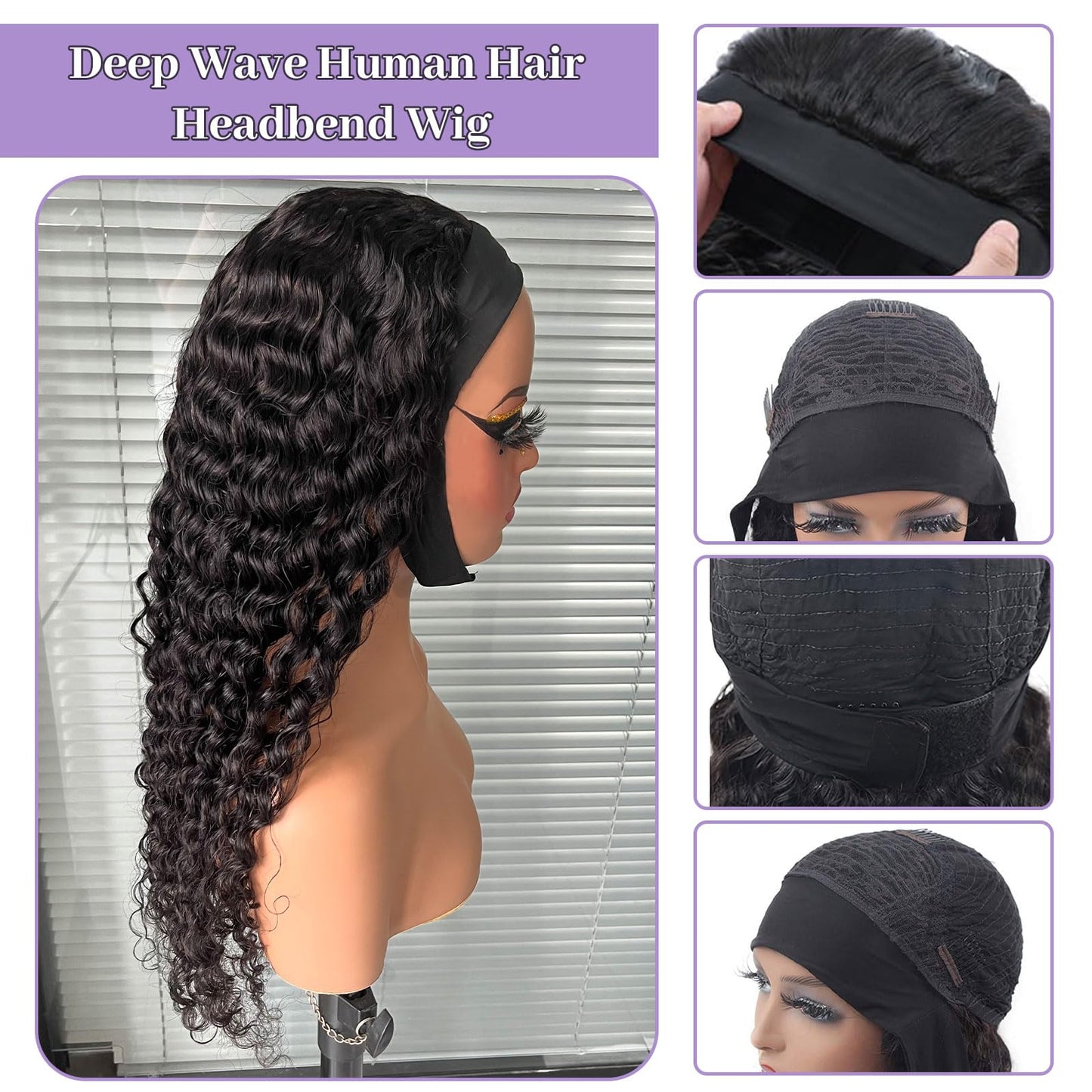 DSEKCAIN Deep Wave Headband Wig Human Hair 26 Inch 200 Density 100% Real Human Hair Deep Curly Headband Wig No Glue No Sew In Gl