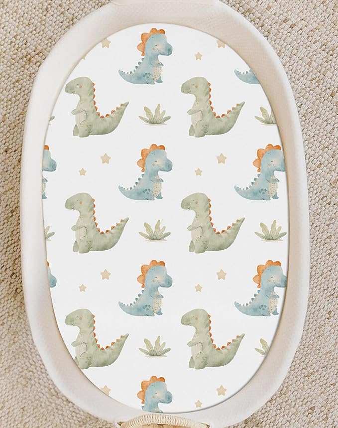 Bassinet Sheets for Baby Girls Boys 2 Pack, Fitted Baby Mattress Sheet for Rectangle, Oval, Hourglass Bassinet Mattress, Breathable Cozy & Universal Fit (Tiny Dinos)