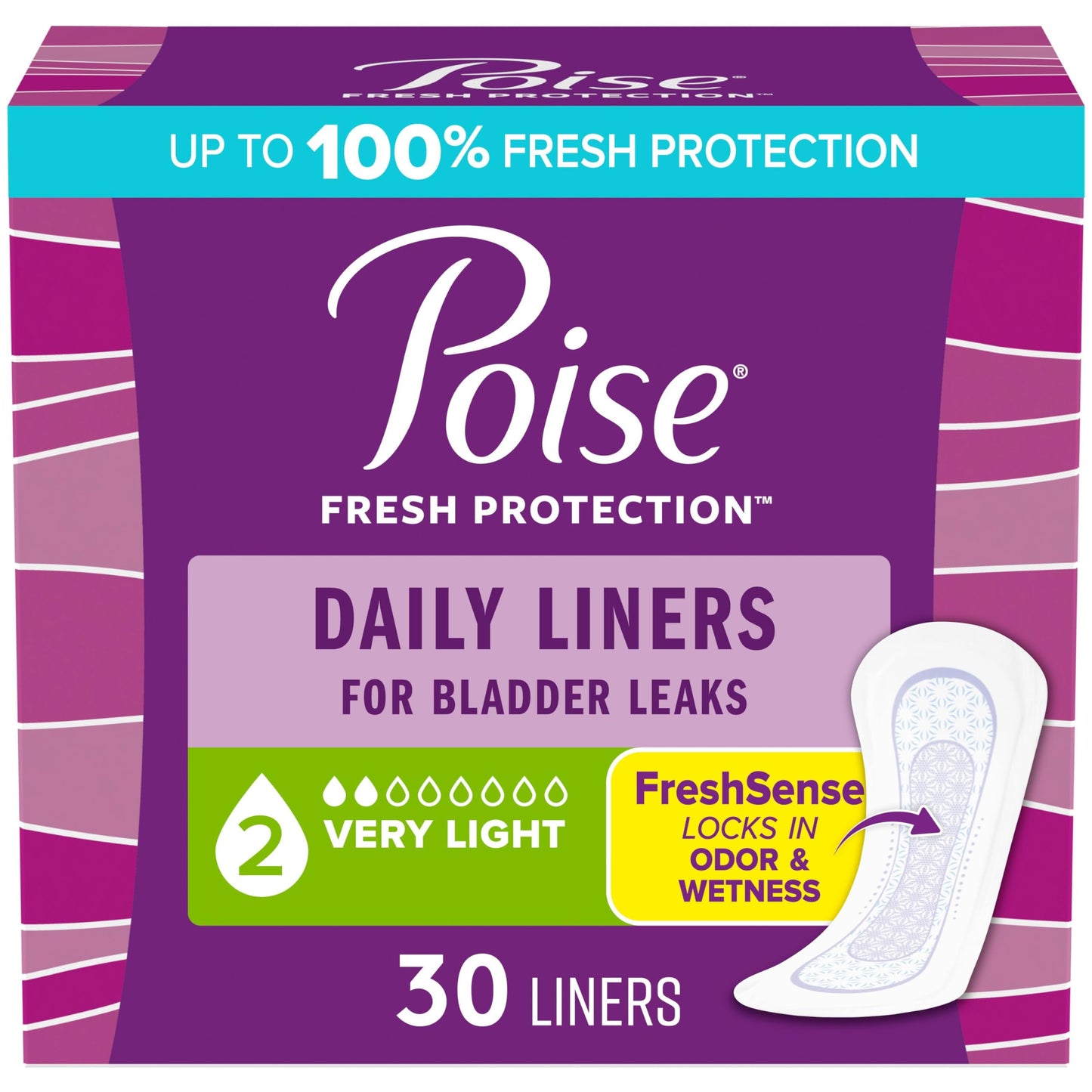 Poise Daily Liners, Incontinence Panty Liners for Bladder Leaks, 2 Drop Very Light Absorbency, Regular Length, 30 Count of Pantiliners, Packaging May Vary