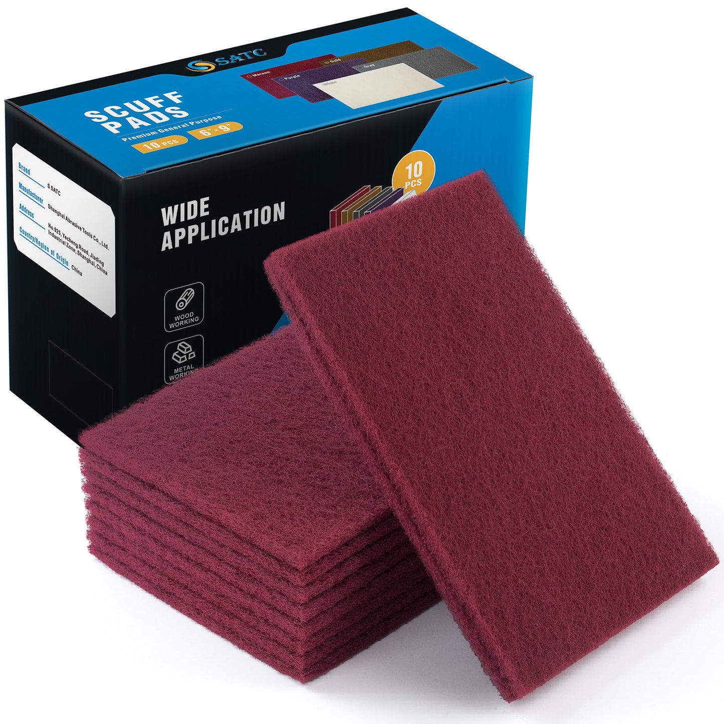 S SATC 6" x 9" Maroon General Purpose Scuff Pads,10 Pack Automotive Pads for Scuffing,Scouring,Sanding,Paint Primer Prep Adhesion Scratch for Automotive Restoration,Handicrafts