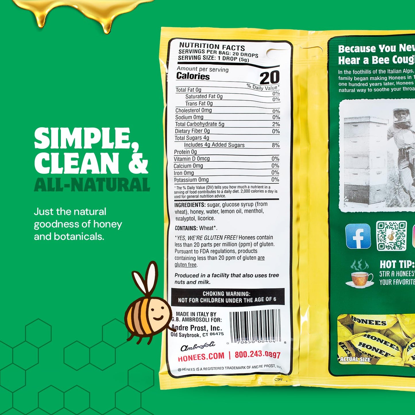 Honees Filled Honey Lemon Cough Drops- Filled with Honey, Menthol, Lemon and Eucalyptus - Nothing Artificial -Natural Sore Throat Lozenges- Non-GMO (6 Pack – 120 Drops)