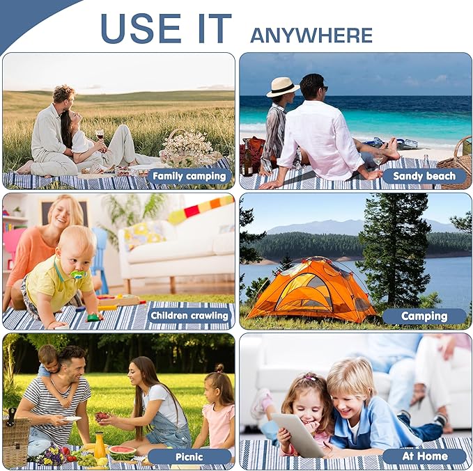 Oversized Waterproof Picnic Mat, Outdoor Beach Mat. Suitable for Camping, Outdoor, Beach, Party and Concert. (Dark Blue & Gray, 80" x 60")