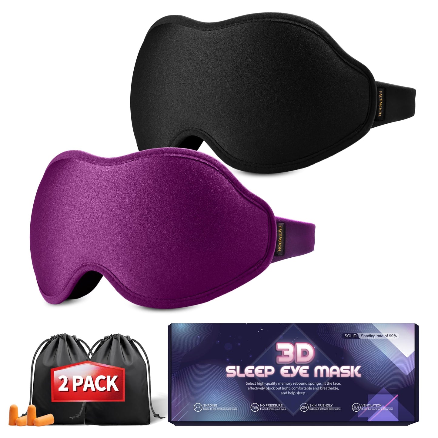Sleep Masks for Women Men - Blackout Eye Cover for Lash Extension, 3D Contoured Sleep Mask for Side Sleeper, Soft Memory Foam, Sleep Masks for Travel, Airplane, Night(Cloud Black, Cloud Purple)