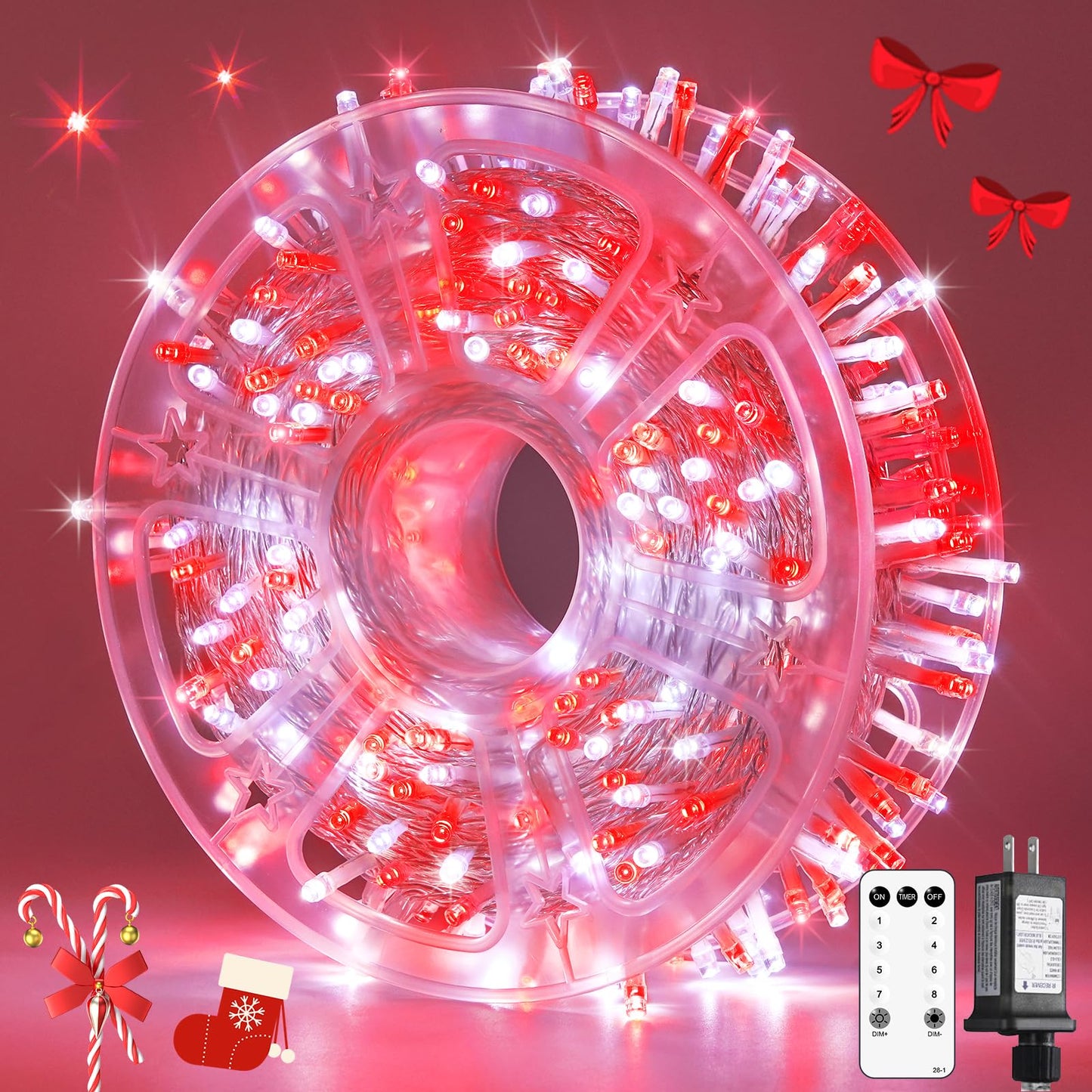 JMEXSUSS 132ft LED String Lights, Red and White, 400 Lights, Remote Control, 8 Modes, Indoor/Outdoor Christmas Decorations