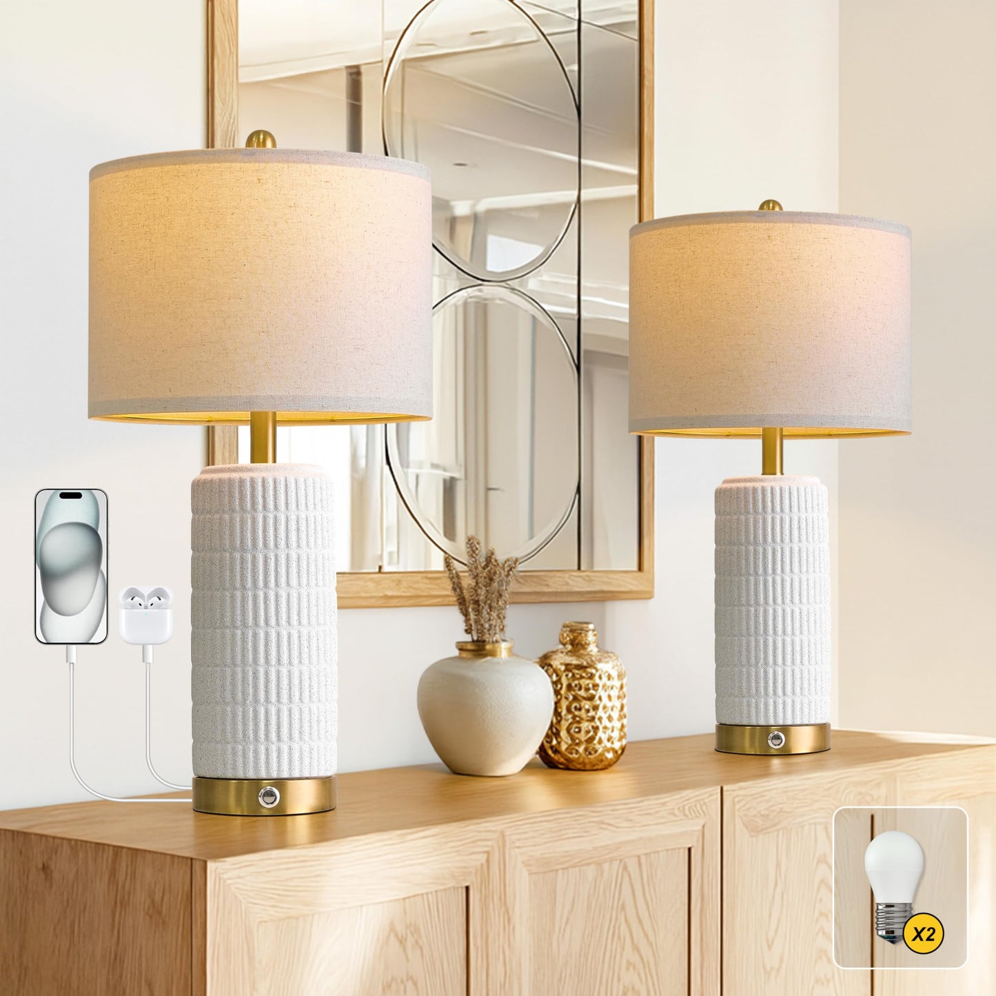 PoKat Touch Bedside Table Lamp with USB Port, 25in  Dimmable, Frosted White Ceramic, Gold Base, Model AMZ-T1102FW-TU