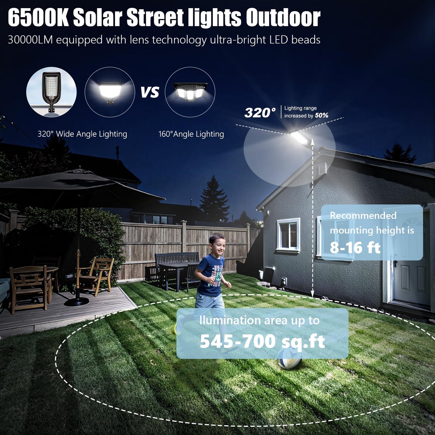 LAMPTEC Solar Street Lights, 30000LM Waterproof LED Flood Light, Motion Sensor, Remote Control, 4 Pack, Black, Model SL601-50