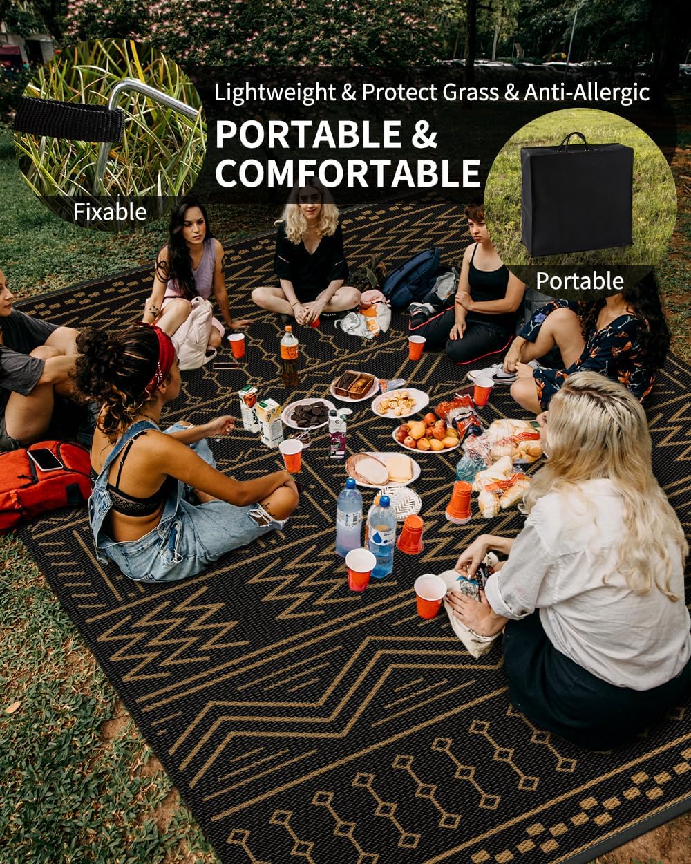 Outdoor Rug Carpet Waterproof 8x10 ft Patio Rug Mat Indoor Outdoor Area Rug for RV Camping Picnic Reversible Lightweight Plastic Straw Outside Rug for Patio Decor Decoration Boho Rug Black Brown