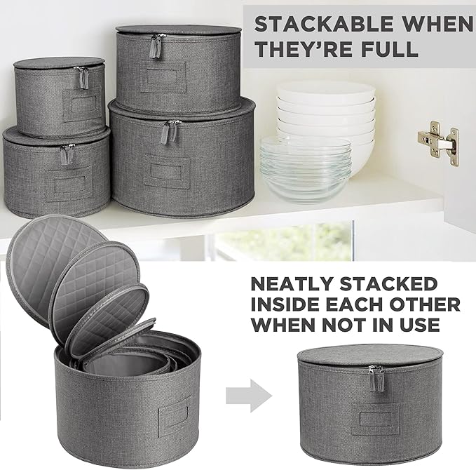 LotFancy China Storage Containers, Hard Shell, 4PCS Set, Dish Storage Box for Moving, Stackable Dinnerware Plate Organizer Bins with 48 Felt Dividers, Grey