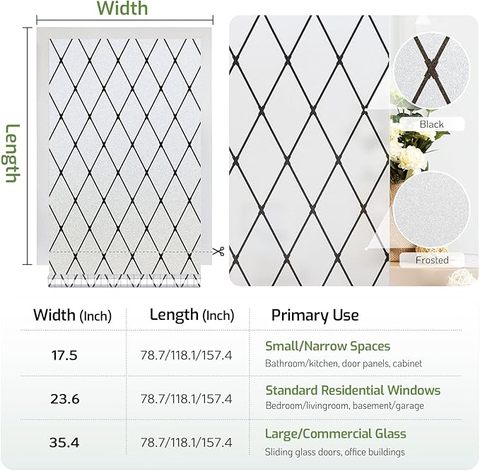 LUTE Frosted Window Privacy Film, Static Cling UV Sun Blocking Heat Control Window Cover, Removable Non-Adhesive Glass Sticker Vinyl Decorative Bathroom Frosting Decals, Black Lattice, 35.4" x 157.4"