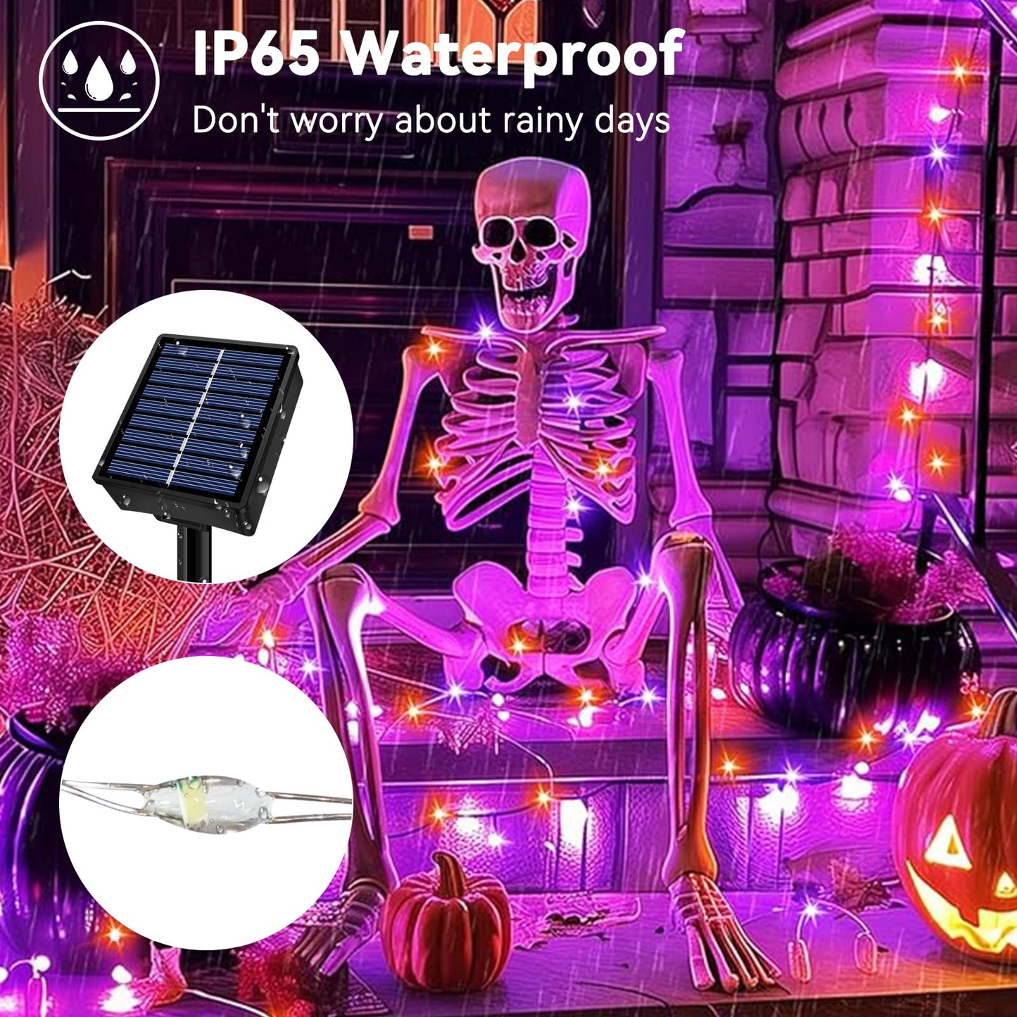 Solar String Lights Outdoor Waterproof 2 Pack Total 66Ft 200Led 8 Modes Twinkle Lights Solar Fairy Lights For Patio  Garden Yard Party Tree Christmas Halloween Decoration  Orange + Purple