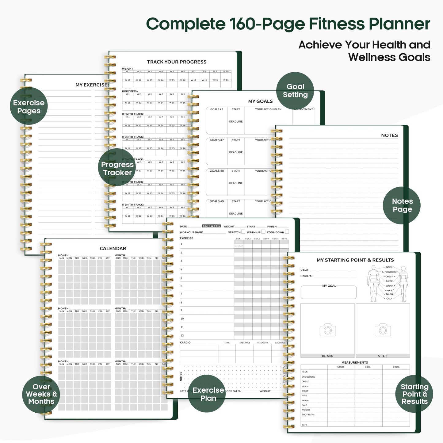 Fitness Workout Journal for Women & Men, A5(5.5" x 8.2") Workout Log Book Planner for Tracking, Progress, and Achieving Your Wellness Goals-Dark Green