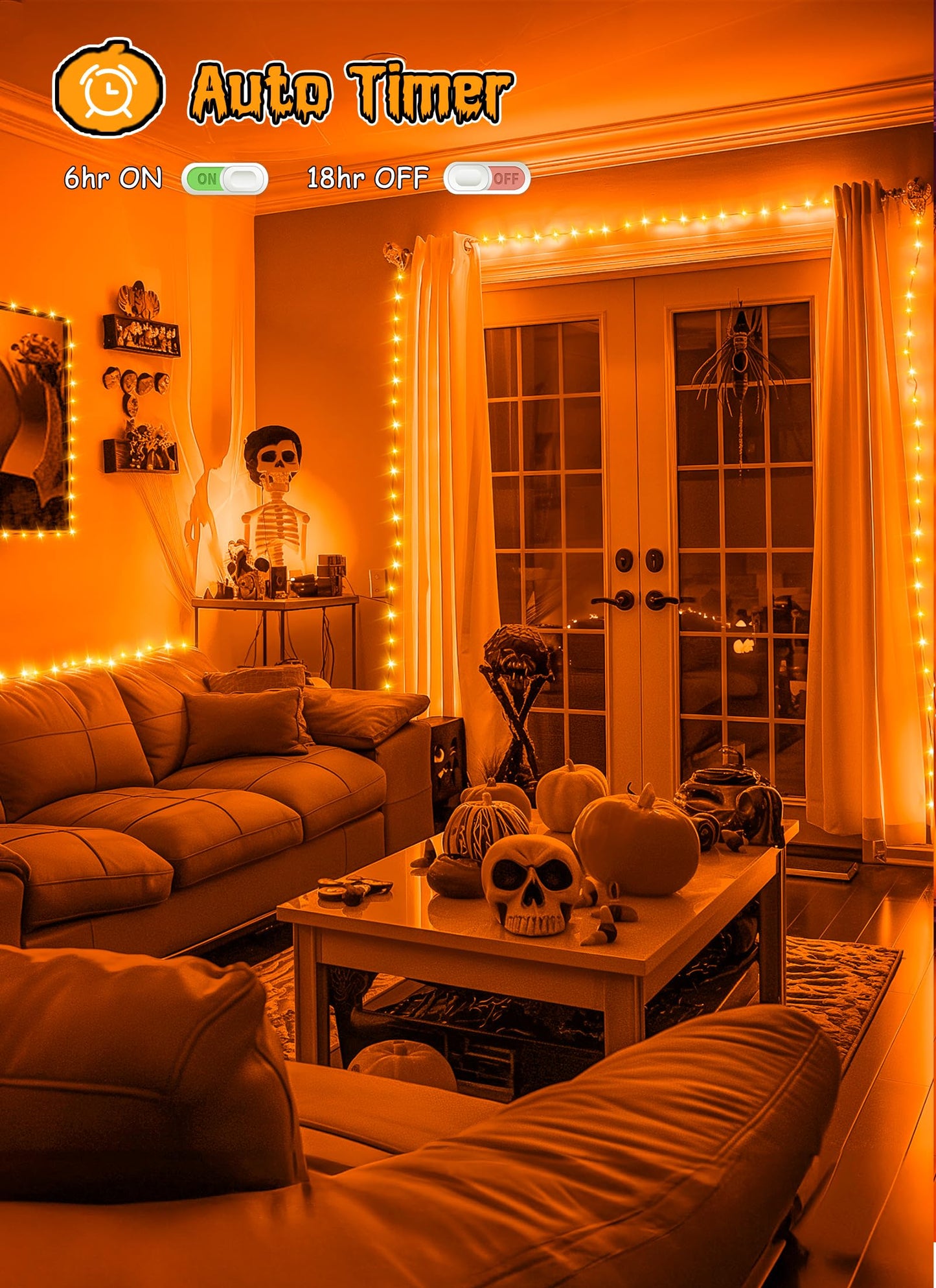 Brightown 10Ft 120 Led Halloween String Lights Battery Operated Outdoor  Orange Halloween Cluster Lights  8 Modes Timer Waterproof Twinkle Fairy String Lights For Indoor Halloween Decorations