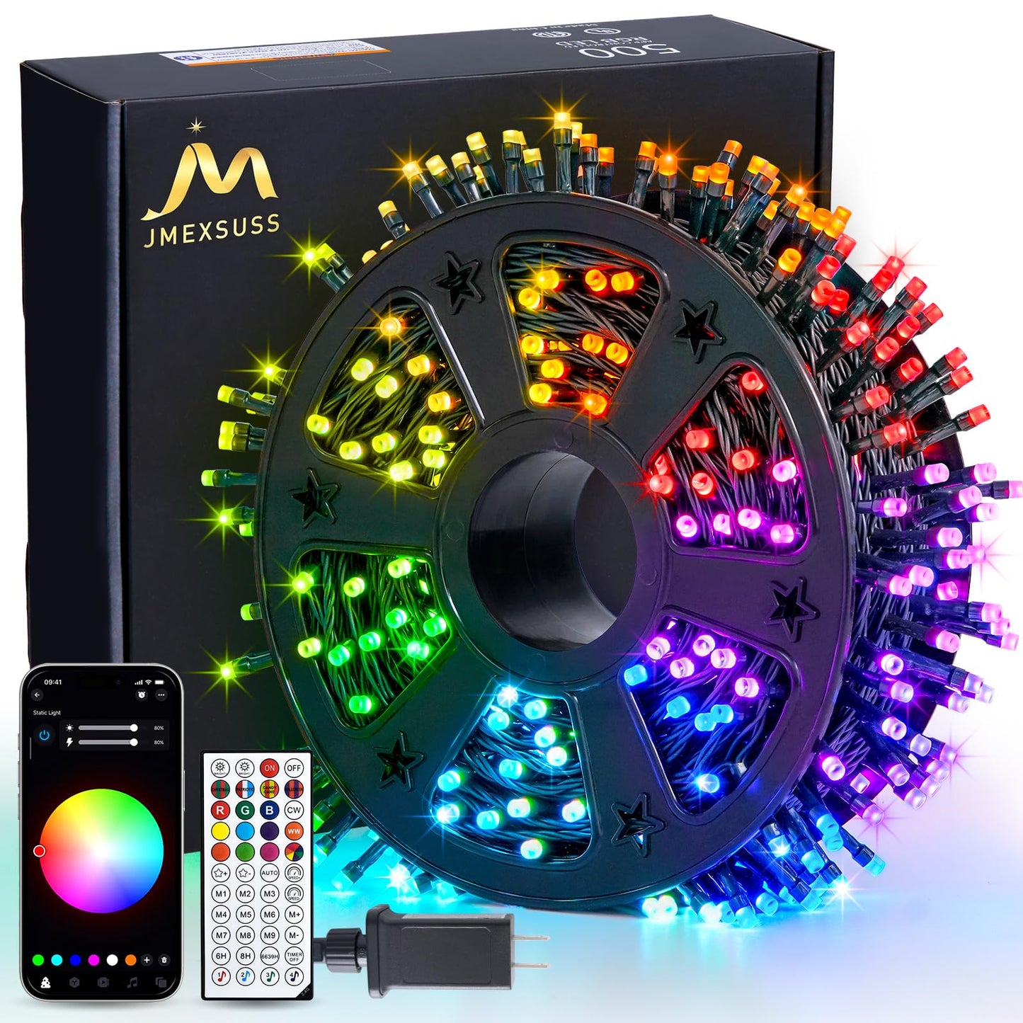 JMEXSUSS Smart RGB Christmas String Lights, 500 LED, 173ft, with Remote & APP, Waterproof for Indoor Outdoor Decoration