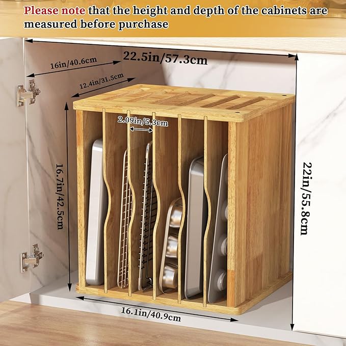 7 Tier Rubber Wood Tray Dividers for Cabinets, Heavy Weight Kitchen Vertical Tray Divider Organizer, Storing pans, Baking trays, Cutting Board(16.7" W x 16.1" H x 12.4" D)