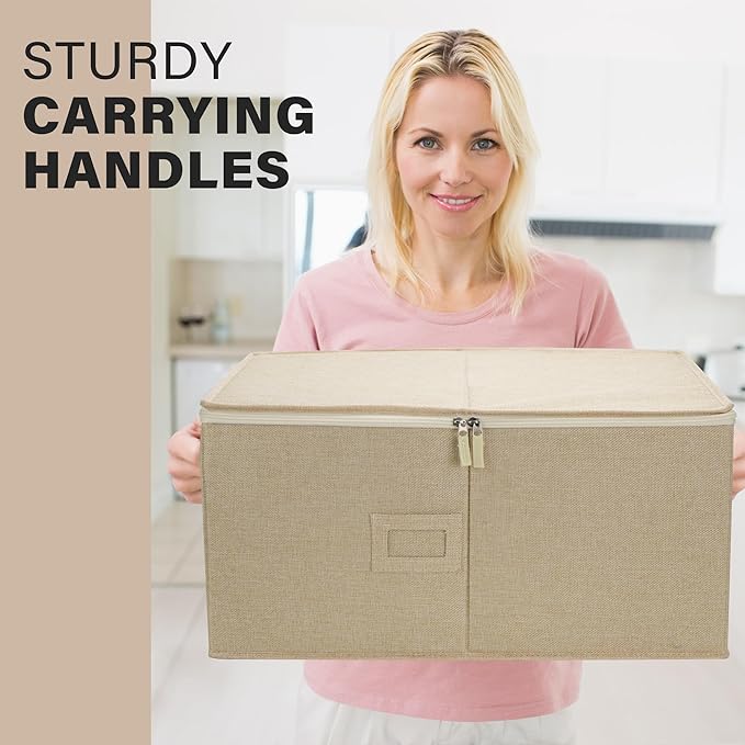 LotFancy Stemware Storage Container, Hard Shell, Large Wine Glass Storage Box for Moving, Stackable, Foldable, Crystal Glassware, Drinkware Case with Dividers & Handles, 21”x15.5”x10”, Beige