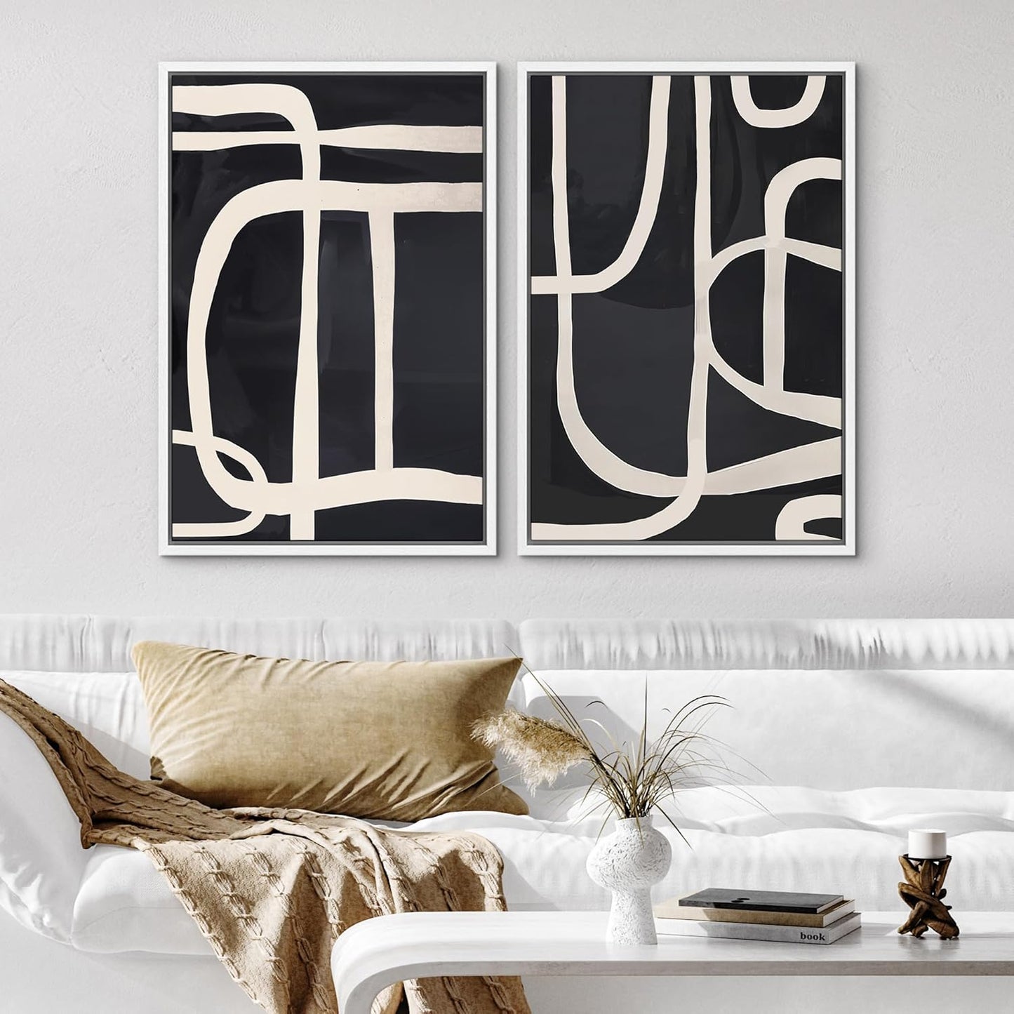 SIGNWIN Framed Canvas Print Wall Art Modern Graphic Black and White Curved Line Patterns Illustrations Modern Art Decorative Contemporary for Living Room, Bedroom, Office - 16"x24"x2 White
