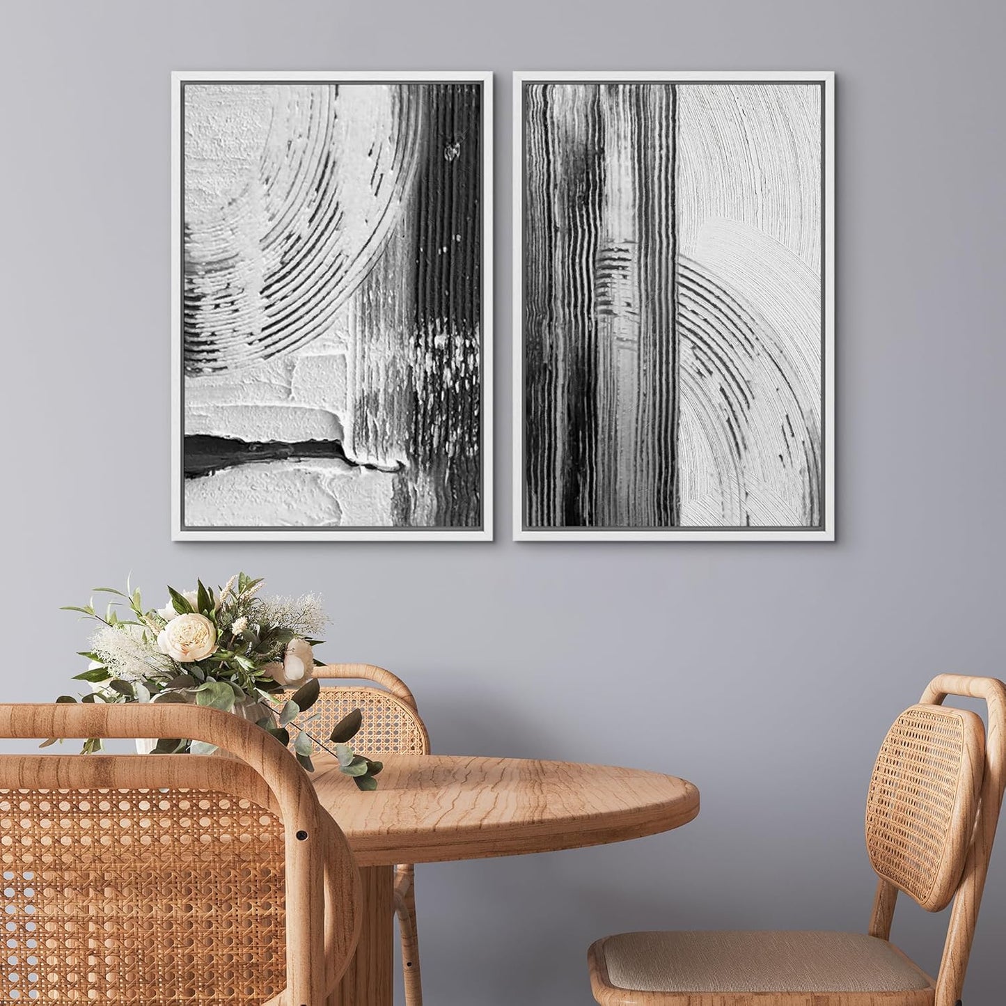 SIGNWIN Framed Canvas Print Wall Art Set Black White Industrial Paint Strokes Abstract Shapes Illustrations Modern Art Minimal Decorative Nordic for Living Room, Bedroom, Office - 24"x36"x2 White