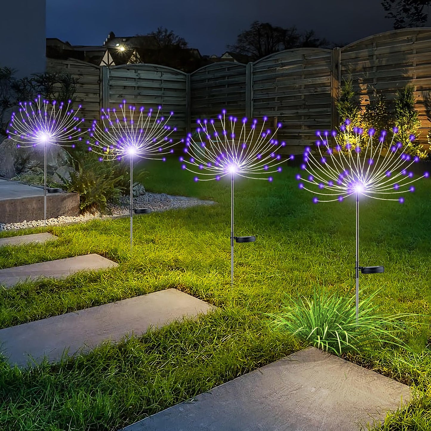 Yotozu 4 Pcs Solar Firework Light  Outdoor Solar Garden Decorative Lights 120 Led Powered 40 Copper Wires String Diy Landscape Light For Walkway Pathway Backyard Decor Parties Perfect Gifts(Purple)