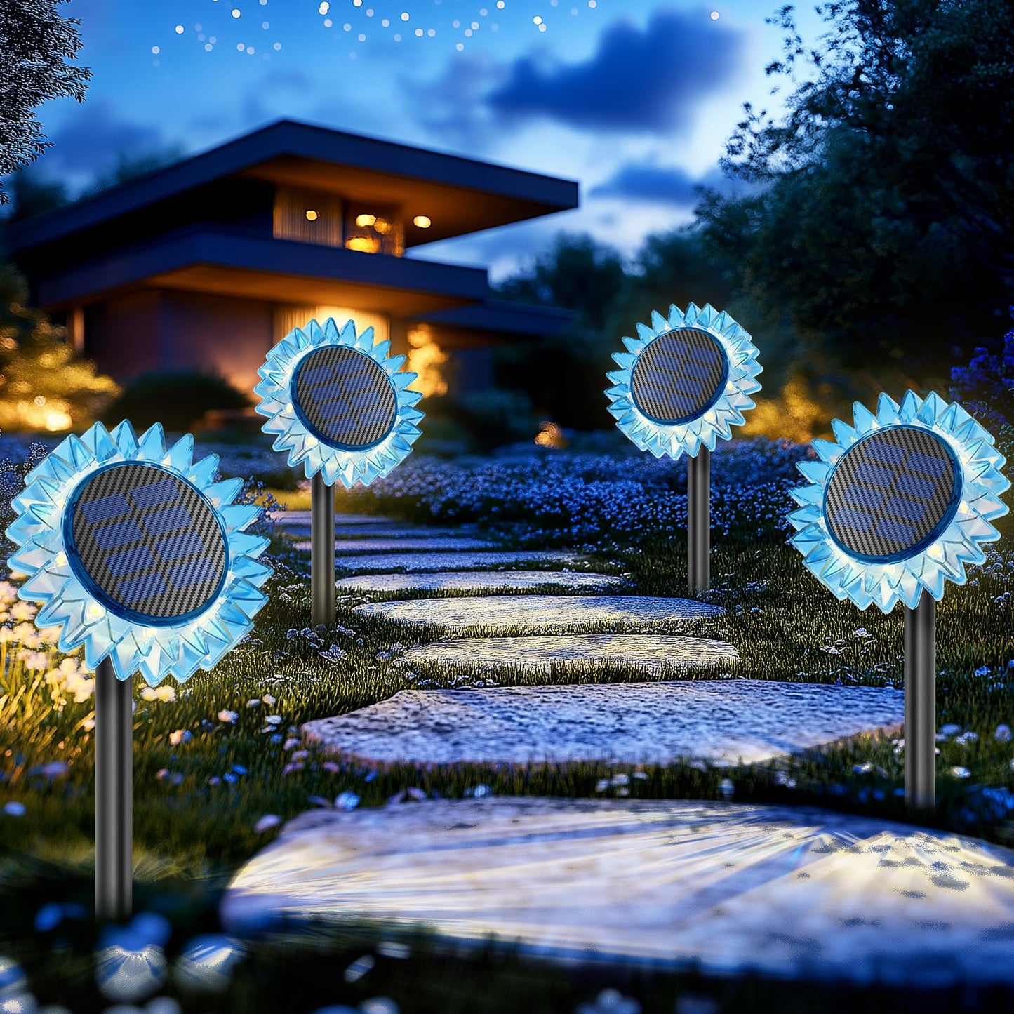 Solar Garden Lights - Upgraded Solar Sunflower Light  Ground/Wall 2 In 1  Solar Outdoor Lights Waterproof Ip67 Garden Yard Patio Backyard Pathway Landscape Fence Wall Decoration  Warm White(4 Pack)