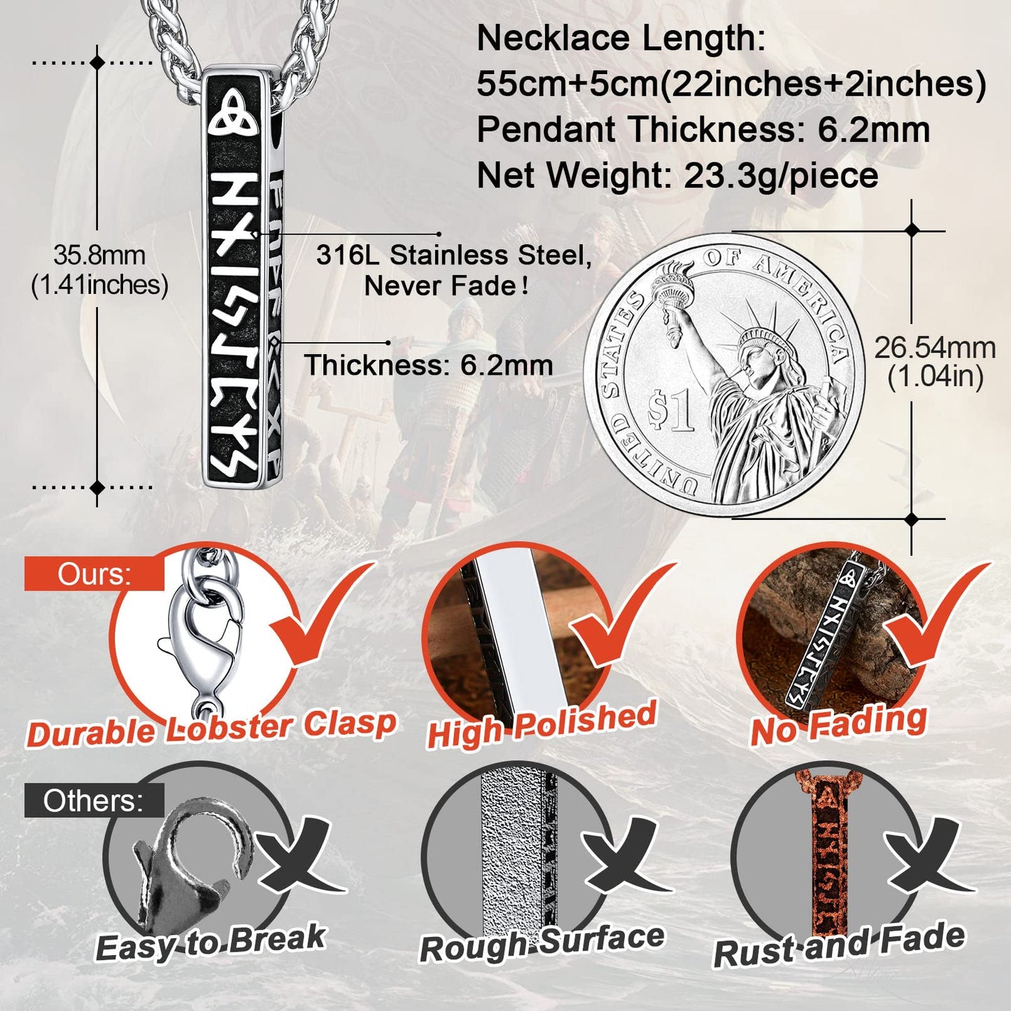 FaithHeart Nordic Rune Pendant Necklace Leather Chains Vertical Bar Viking Runes Pendant for Male