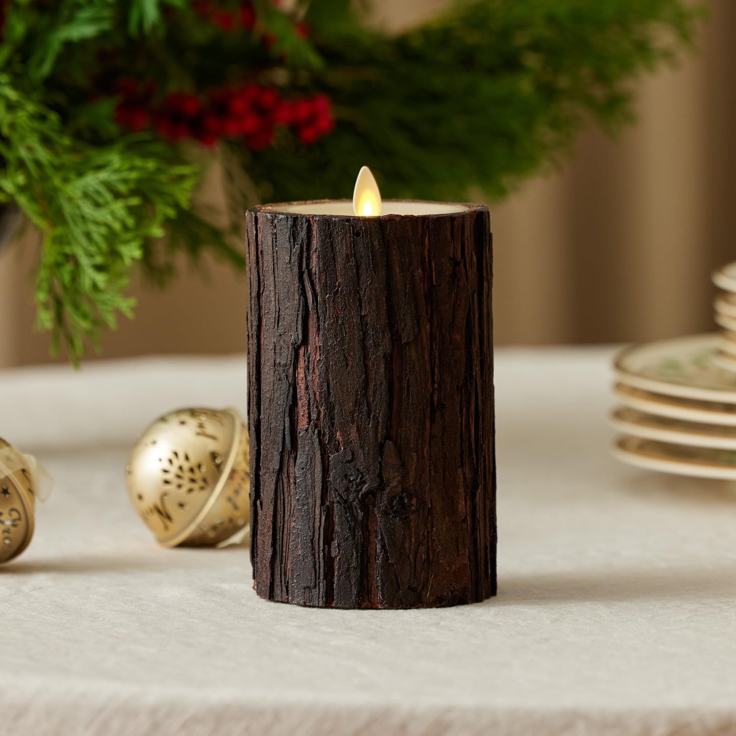 Luminara Real Bark Flameless LED Candle, Ivory 3.5" x 6.5", Moving Flame Battery Operated with Timer, Realistic Wax Pillar for Home Decor, Indoor Safe