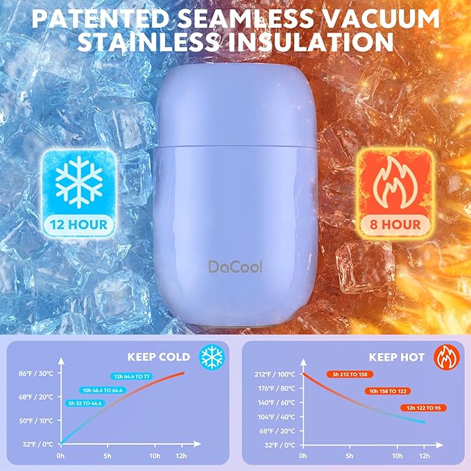 DaCool Stainless Vacuum Insulated Food Jar - 16 Ounce Thermo for Hot & Cold Food, Perfect for School, Work, Picnic & Outdoors - Purple