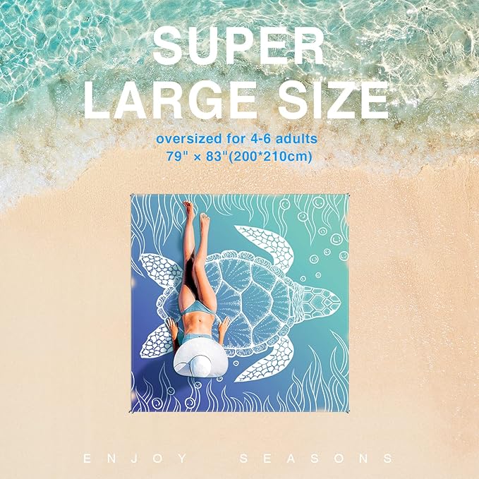 Beach Blanket, Waterproof Sandproof Beach Mat Oversized 79 X 83 Inch for 4-6 Adults, Lightweight Picnic Blanket, Portable Picnic Mat for Outdoor Travel Camping Hiking with 4 Stakes & 4 Corner Pocket