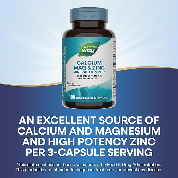 Nature's Way Calcium Magnesium & Zinc Mineral Complex, Supports Bone Health & Muscle Function*, Immune Support*, 765 mg per 3-Capsule Serving, Gluten Free, 100 Capsules (Packaging May Vary) - 2 Pack
