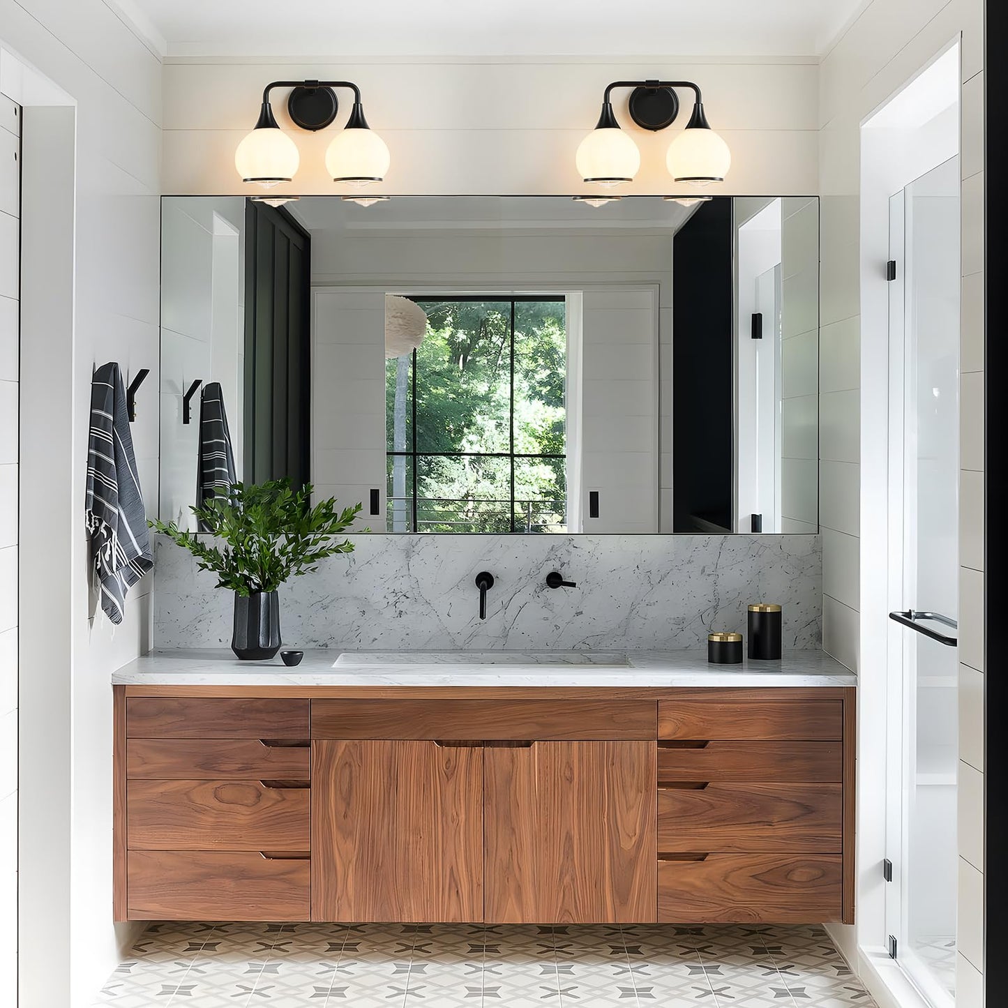 Hahzt 2 Light Black Bathroom Vanity Light Fixtures With Milky White Frosted Glass Shade, Model 8033Ml, Wall Sconce Lighting