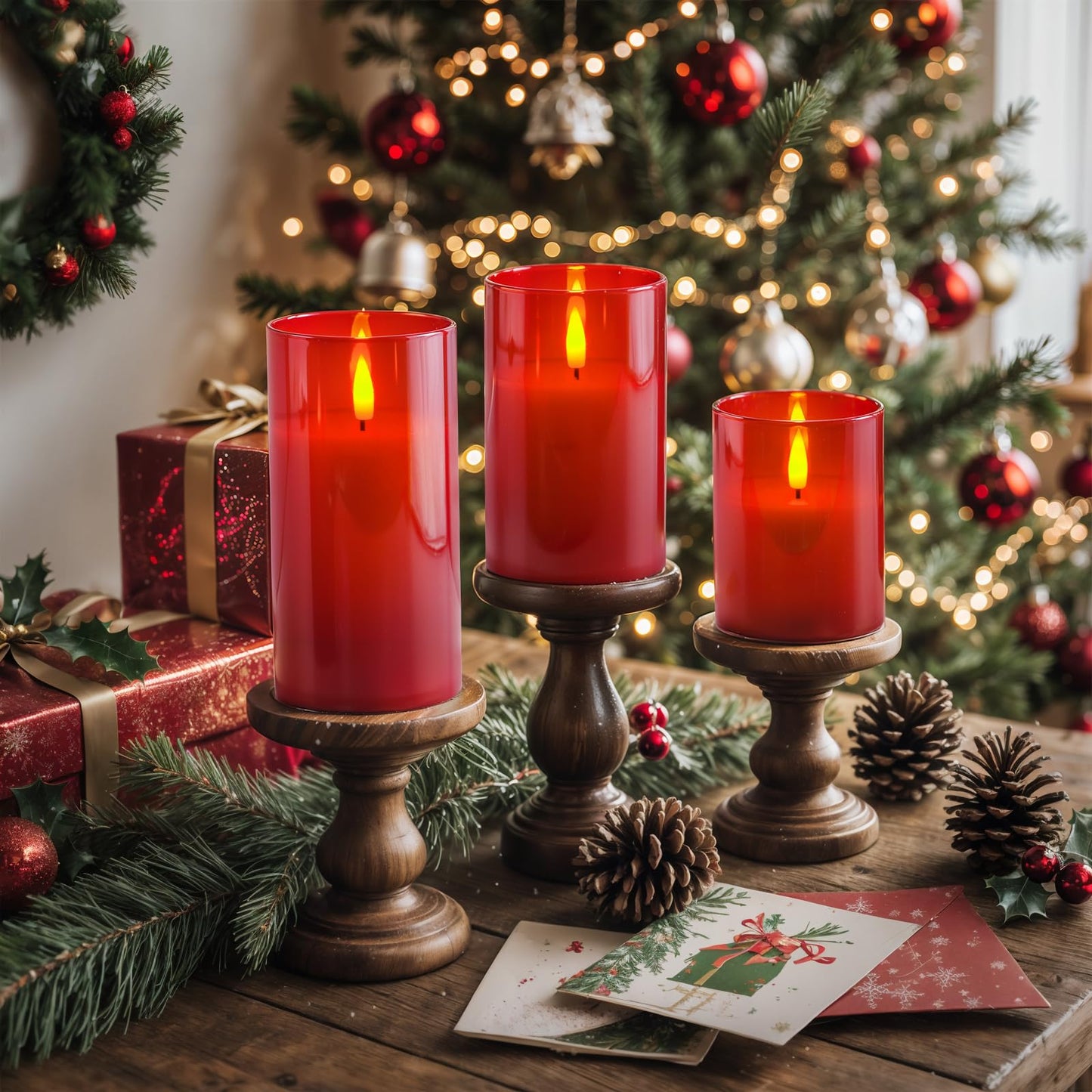 Homemory Red Glass Flameless Candles, Battery Operated LED Pillar Candles with Remote Control and Timer, Radiance Candles, Real Wax, Set of 3,D3 xH4 5" 6"