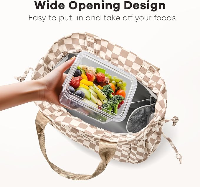 Yarnic Lunch Bag Women Insulated Lunch Bags,Cute Reusable Lunch Box Stain-Resistant Lunchbox with Water Bottle Holder for Adult Men Work Travel Picnic (Beige Coffee Checker)