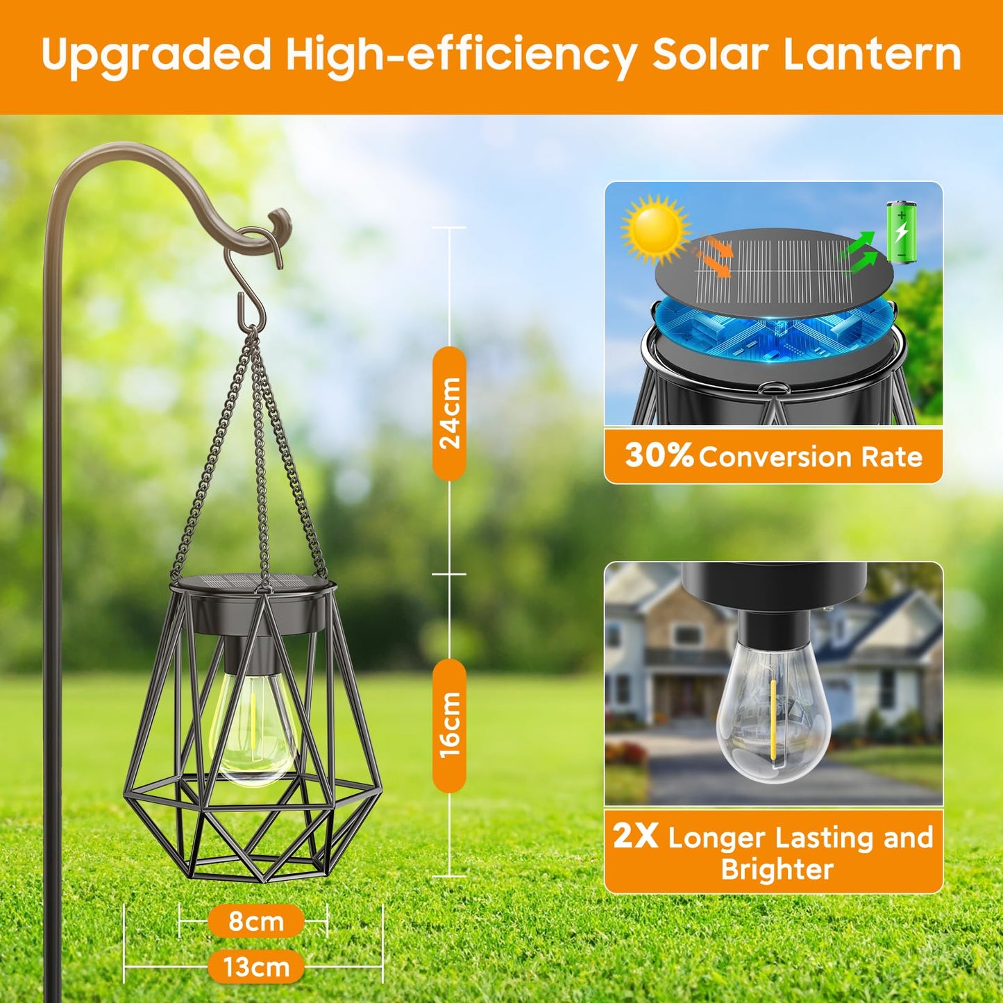 KOOPER Solar Lanterns 2 Pack, Waterproof Metal, Diamond Shape, Black, Model TLL031, Outdoor Decorative Lights for Patio and Garden