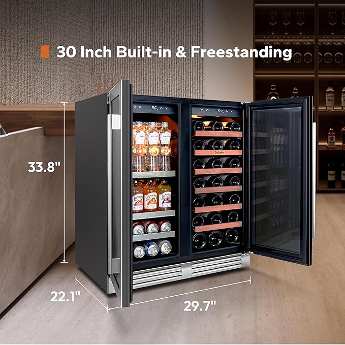 Ca'Lefort 30 Inch Wine and Beverage Refrigerator, 80 Cans 30 Bottles Dual Zone Cooler with Glass Door, 3 LED Built-in Compressor Fridge with Adjustable Shelves for Home Office Bar (6.0 cu.ft)