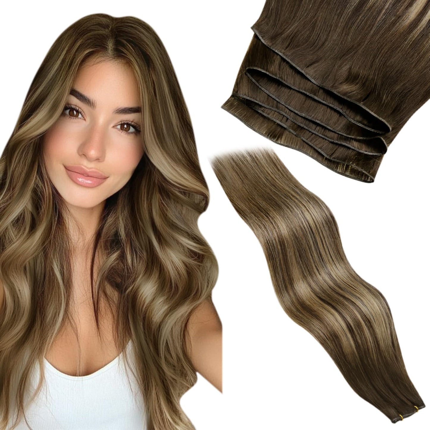 LaaVoo Hand Tied Weft Hair Extensions Human Hair Blonde Sew in Hair Extensions Balayage Brown Human Hair Weft Extensions Genius